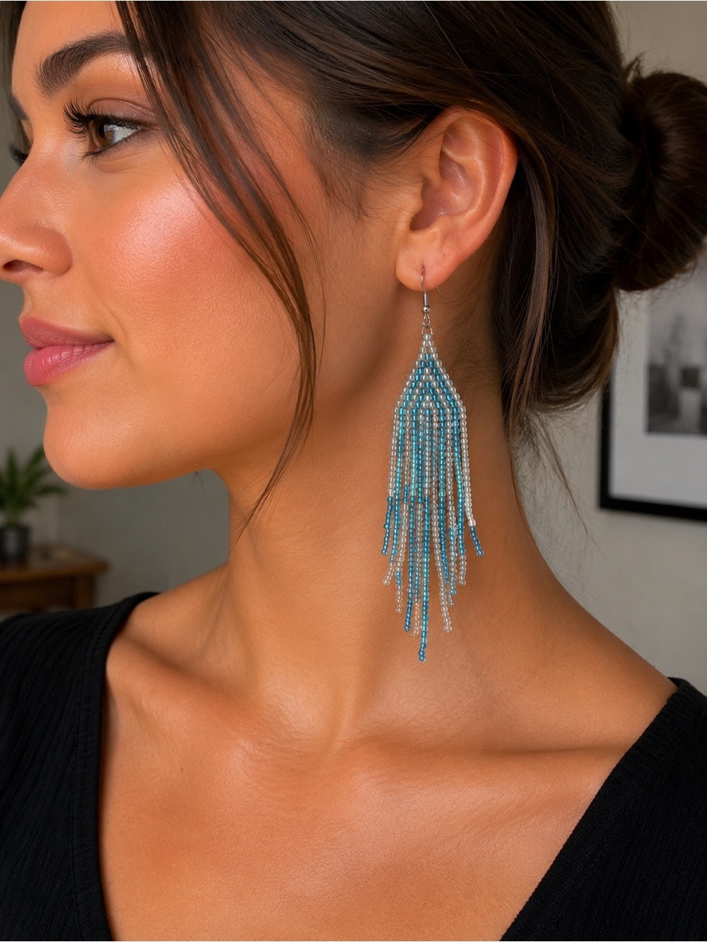 Light Blue & Clear Beaded Fringe Earrings | Handmade Jewelry